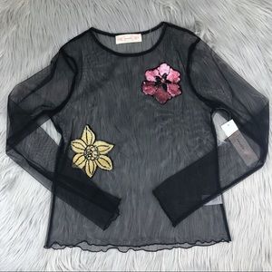 SHEER BLACK FLORAL APPLIQUÉ LONG SLEEVE TOP